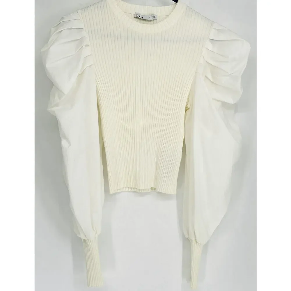 Zara L Ivory Ribbed Knit Dramatic Puff Balloon Sleeve Top Statement Blouse